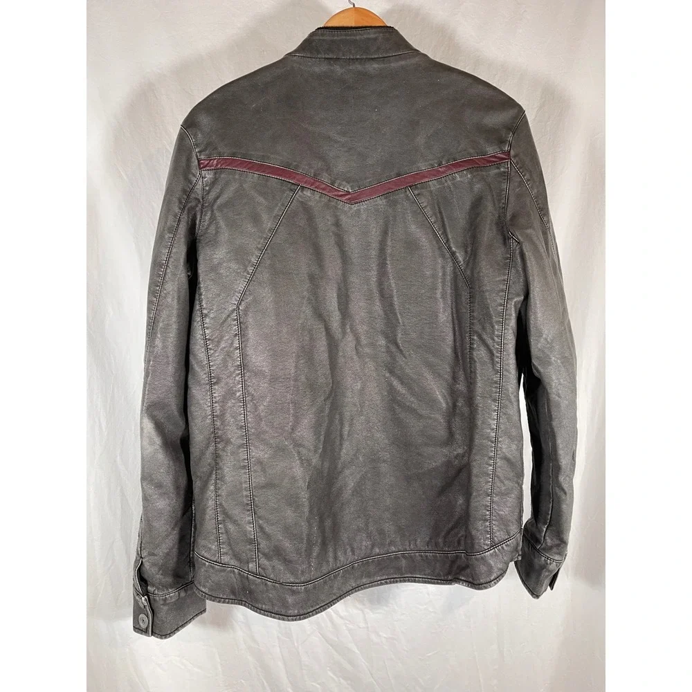 Buckle Black Mens Faux Leather Moto Racer Jacket Gray Burgundy Trim Medium